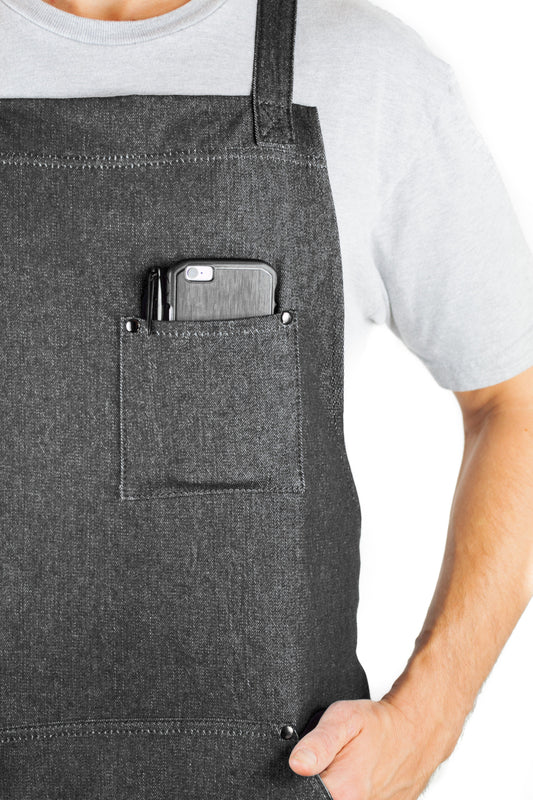 Denim Apron for Kitchen, Grill, and BBQ (Black Denim) - HDG805BD